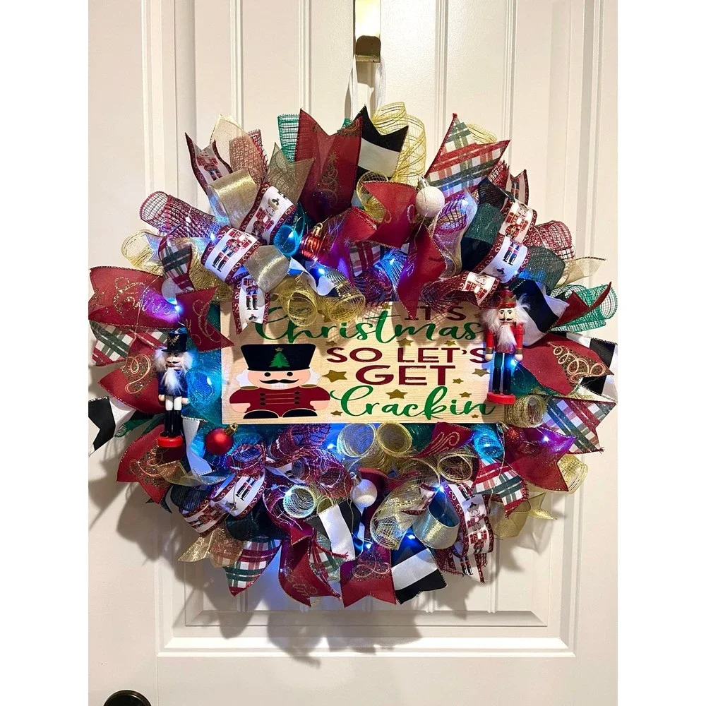 Christmas Nutcracker Holiday Ribbon Door Wreath Handmade 22 ins LED W3